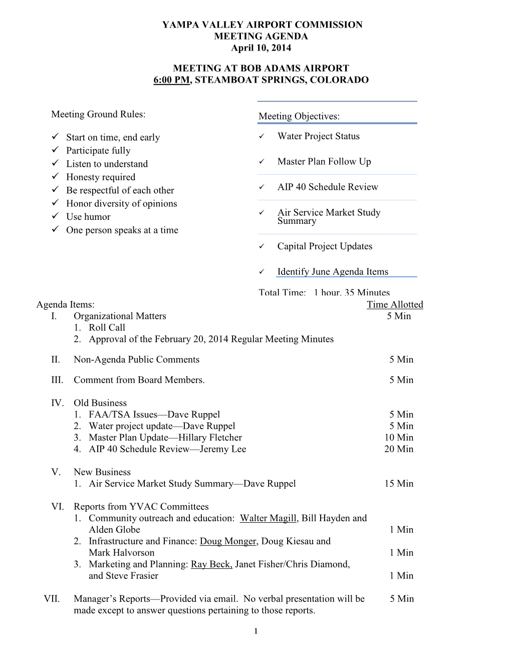 YAMPA VALLEY AIRPORT COMMISSION MEETING AGENDA April 10, 2014