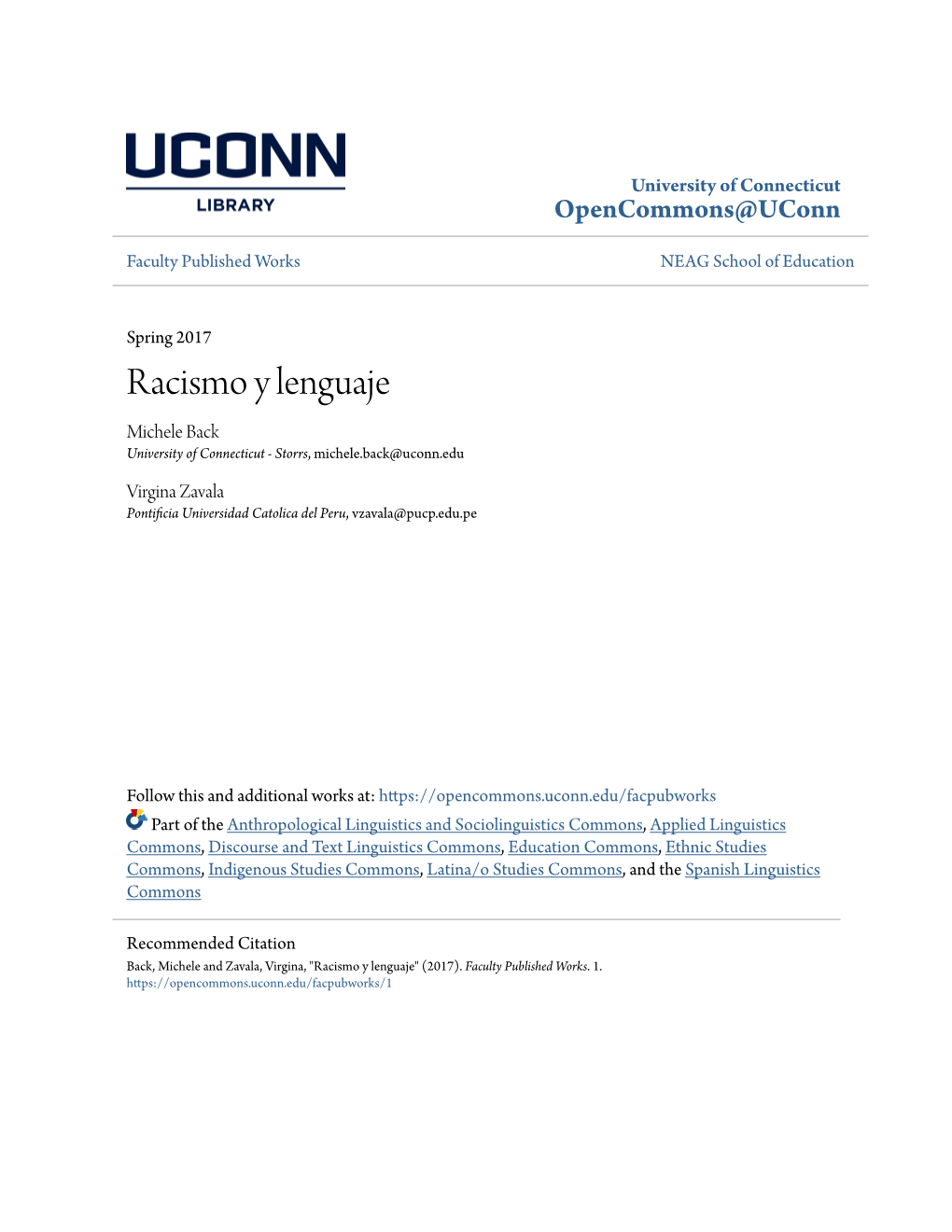 Racismo Y Lenguaje Michele Back University of Connecticut - Storrs, Michele.Back@Uconn.Edu