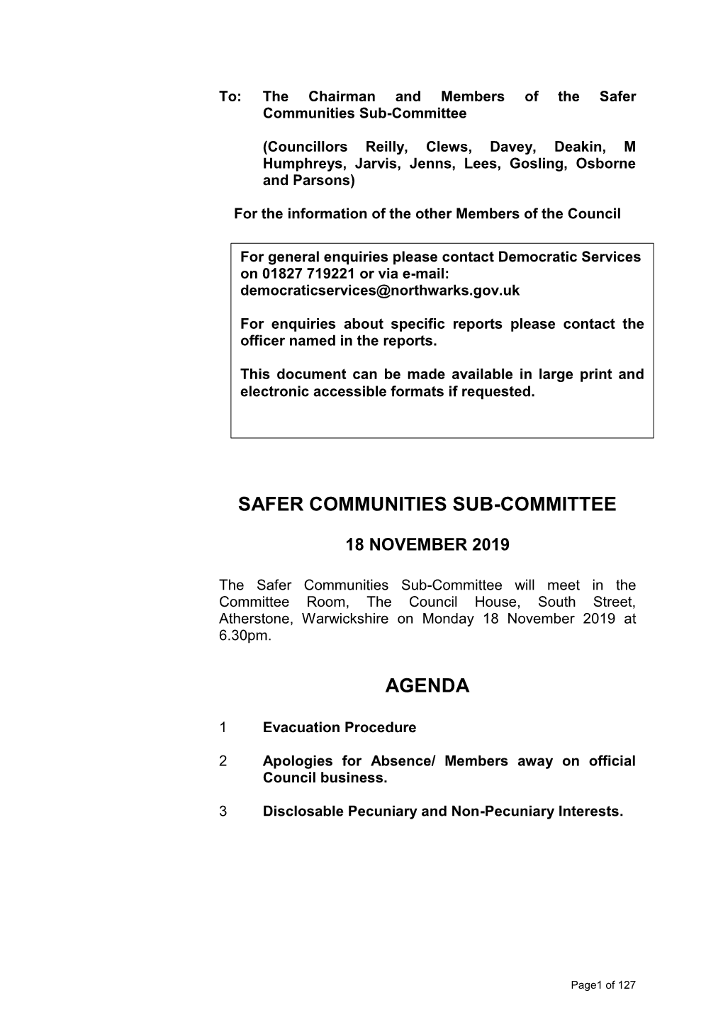 Safer Communities Sub-Committee Agenda