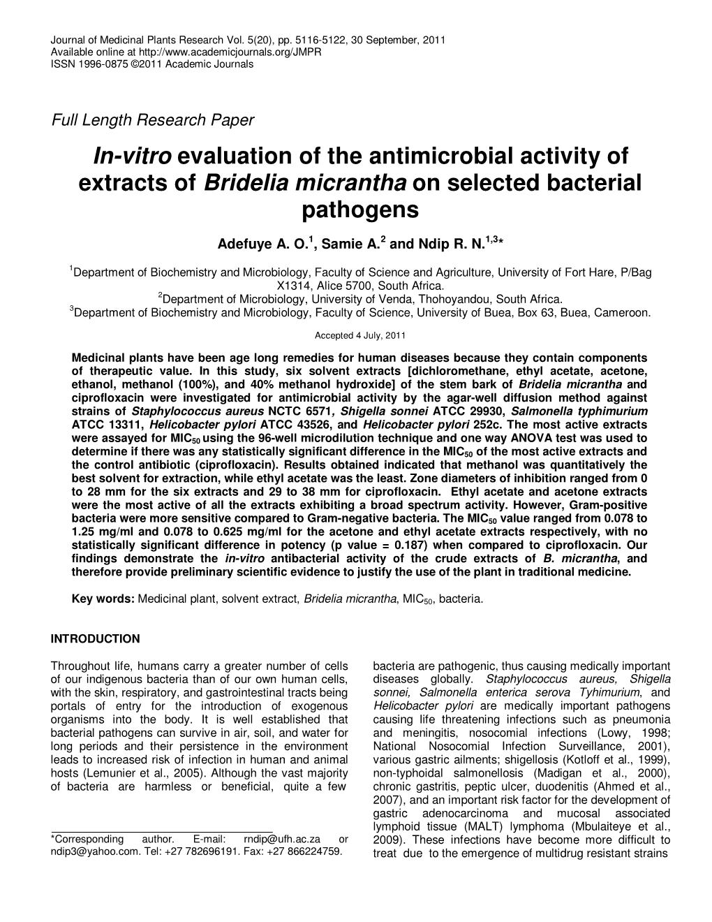 In-Vitro Evaluation of the Antimicrobial Activity of Extracts of Bridelia Micrantha on Selected Bacterial Pathogens