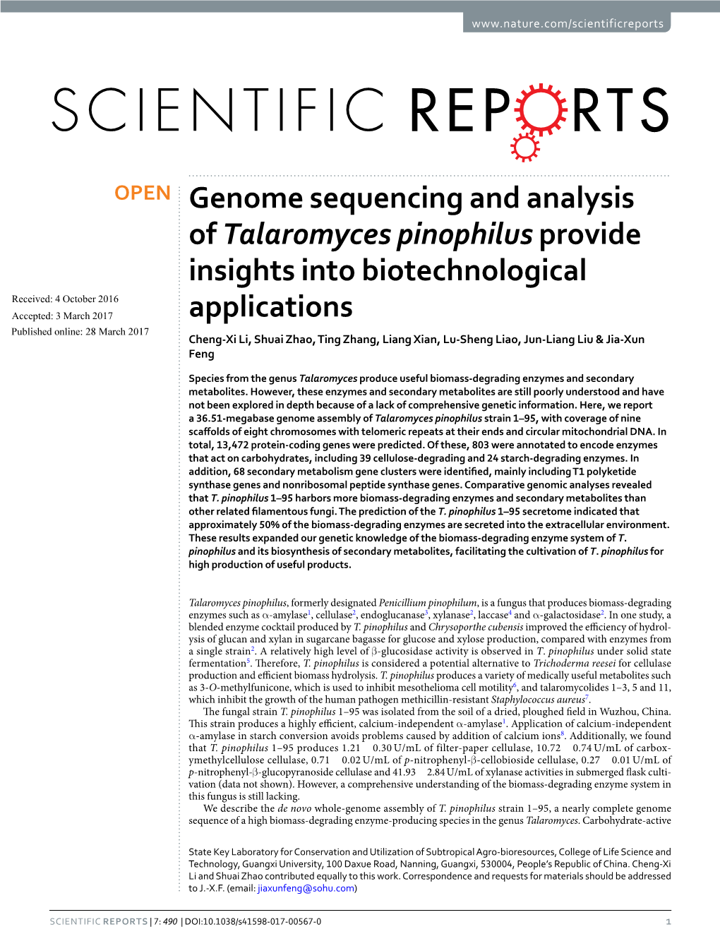 Genome Sequencing and Analysis of Talaromyces Pinophilus Provide