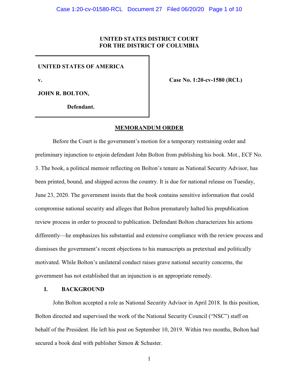 Case 1:20-Cv-01580-RCL Document 27 Filed 06/20/20 Page 1 of 10