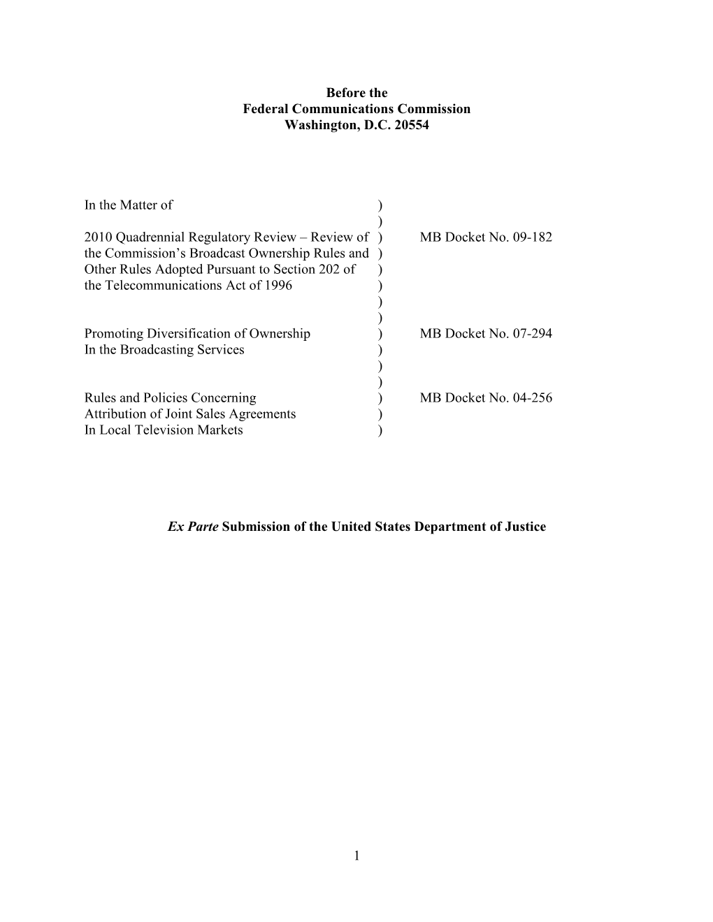 Ex Parte Submission of the United States Department of Justice