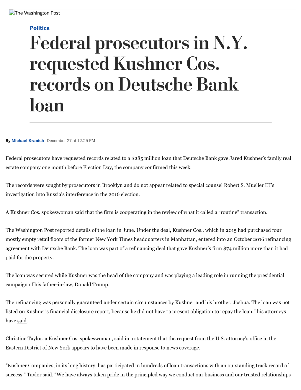 Federal Prosecutors in N.Y. Requested Kushner Cos. Records on Deutsche Bank Loan