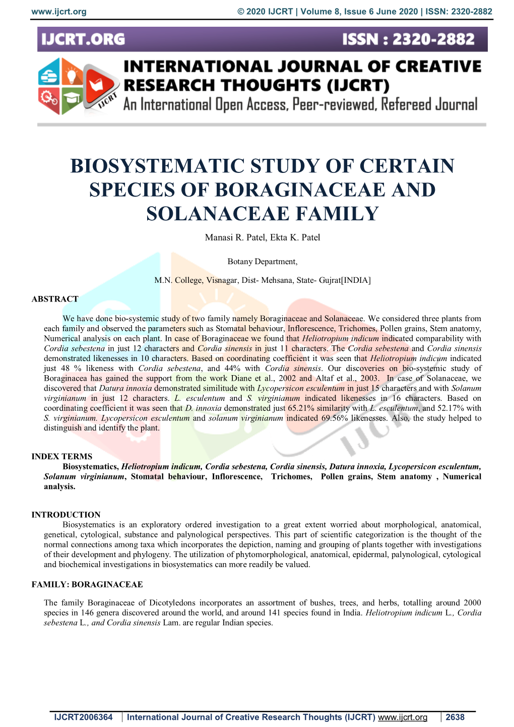 BIOSYSTEMATIC STUDY of CERTAIN SPECIES of BORAGINACEAE and SOLANACEAE FAMILY Manasi R