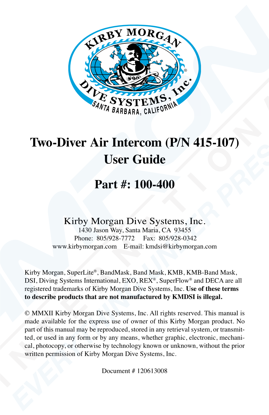 Two-Diver Air Intercom (P/N 415-107) User Guide