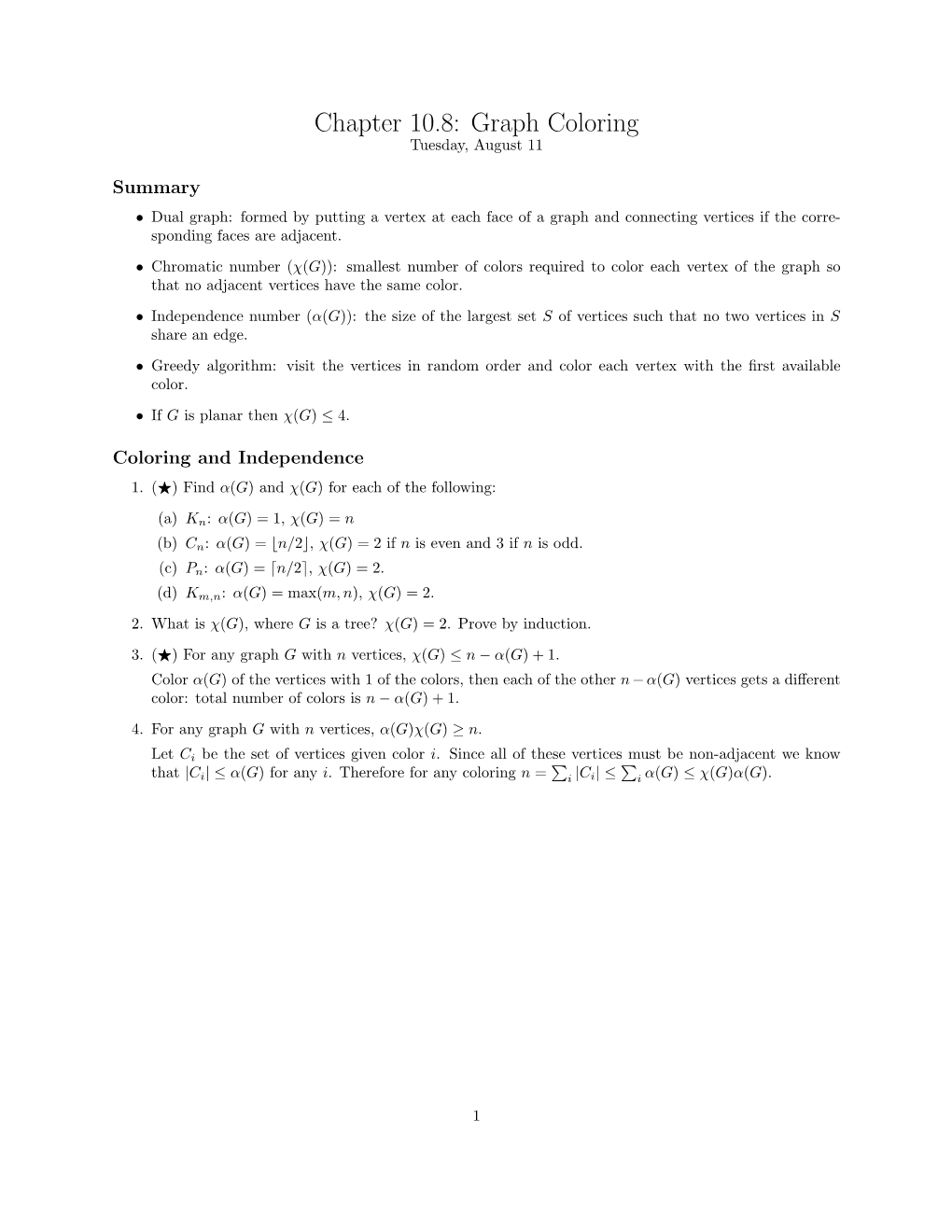 Chapter 10.8: Graph Coloring Tuesday, August 11