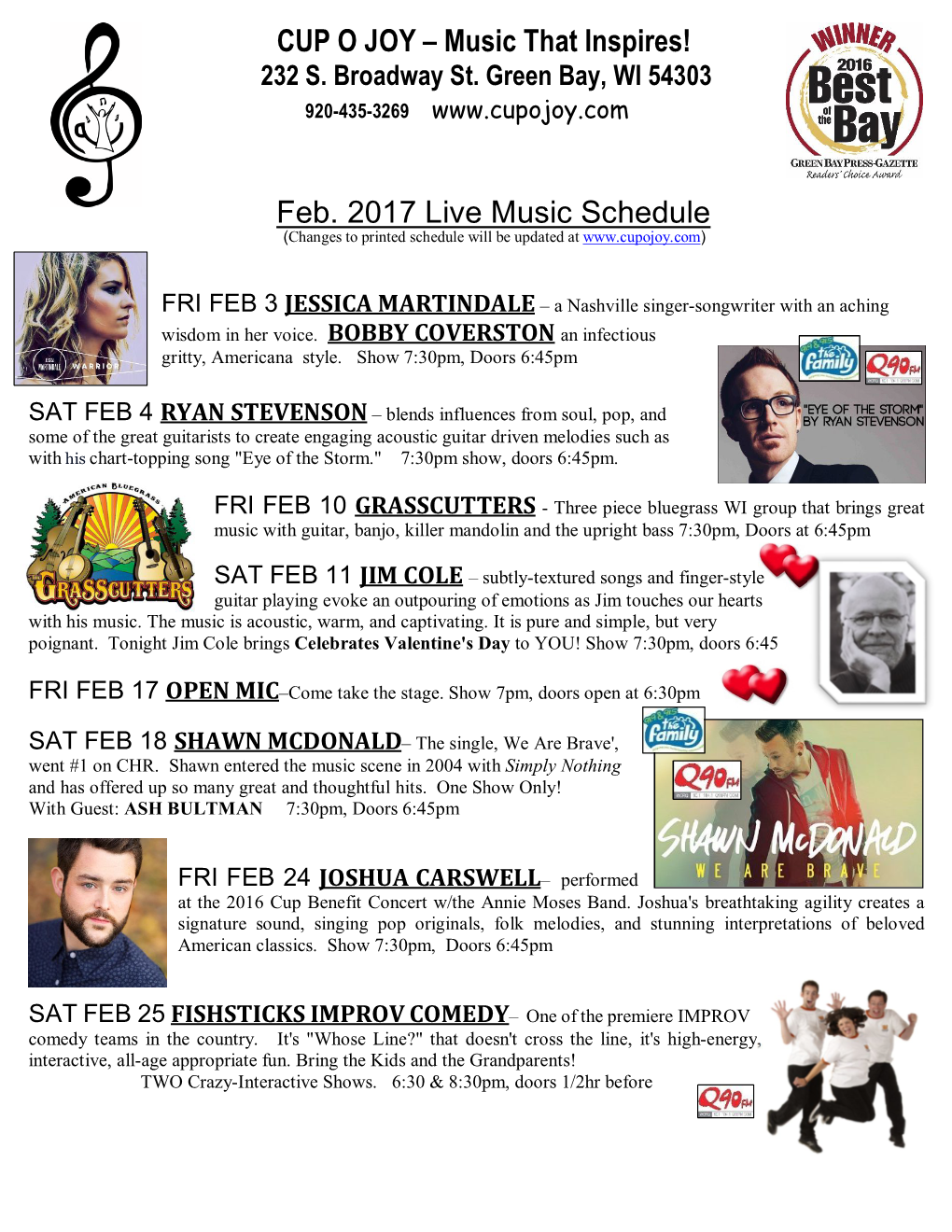 Music That Inspires! Feb. 2017 Live Music Schedule
