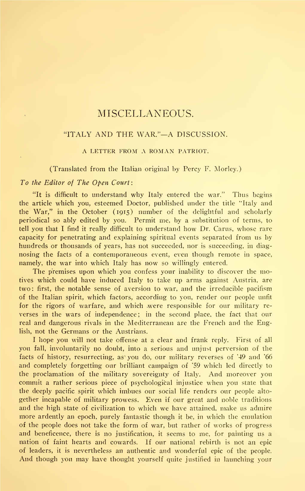 Miscellaneous: "Italy and the War." a Letter from a Roman