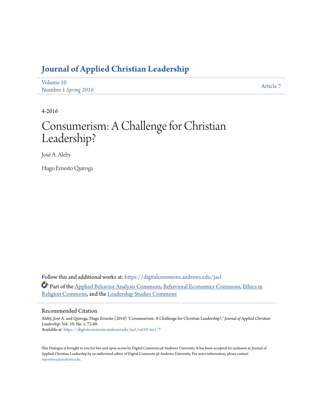 Consumerism: a Challenge for Christian Leadership? José A