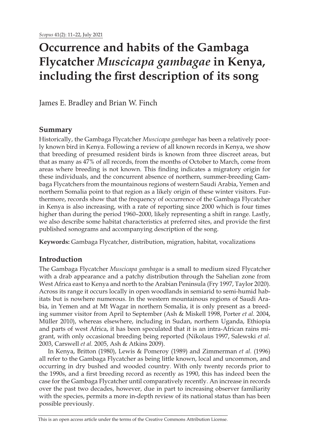 Occurrence and Habits of the Gambaga Flycatcher Muscicapa Gambagae in Kenya, Including the First Description of Its Song