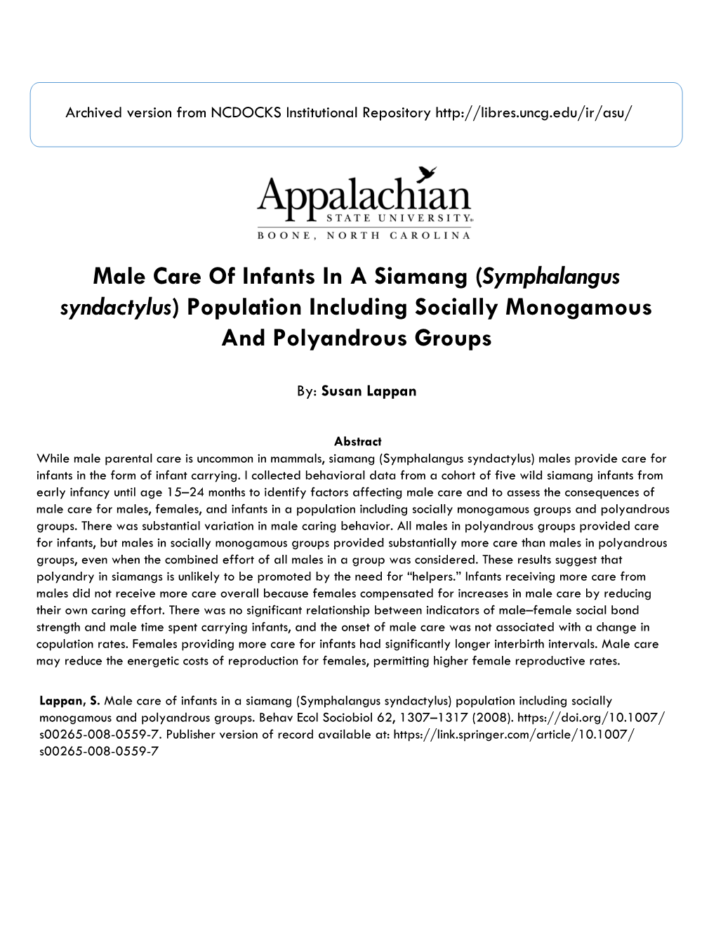 Male Care of Infants in a Siamang (Symphalangus Syndactylus) Population Including Socially Monogamous and Polyandrous Groups