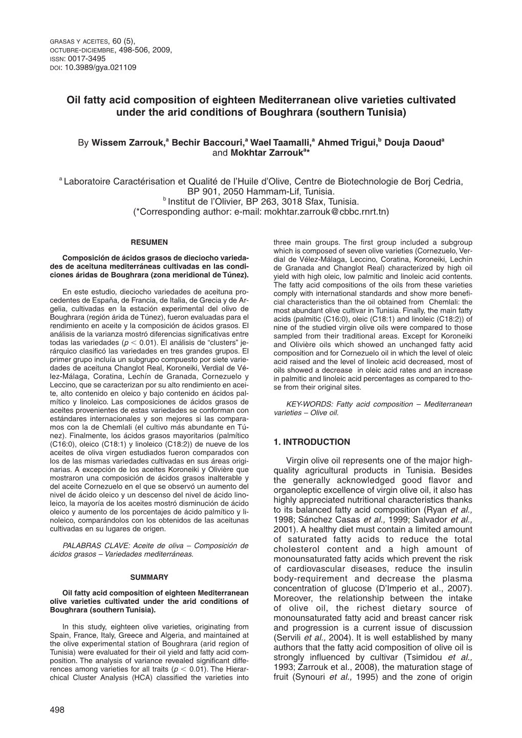 Oil Fatty Acid Composition of Eighteen Mediterranean Olive Varieties Cultivated Under the Arid Conditions of Boughrara (Southern Tunisia)