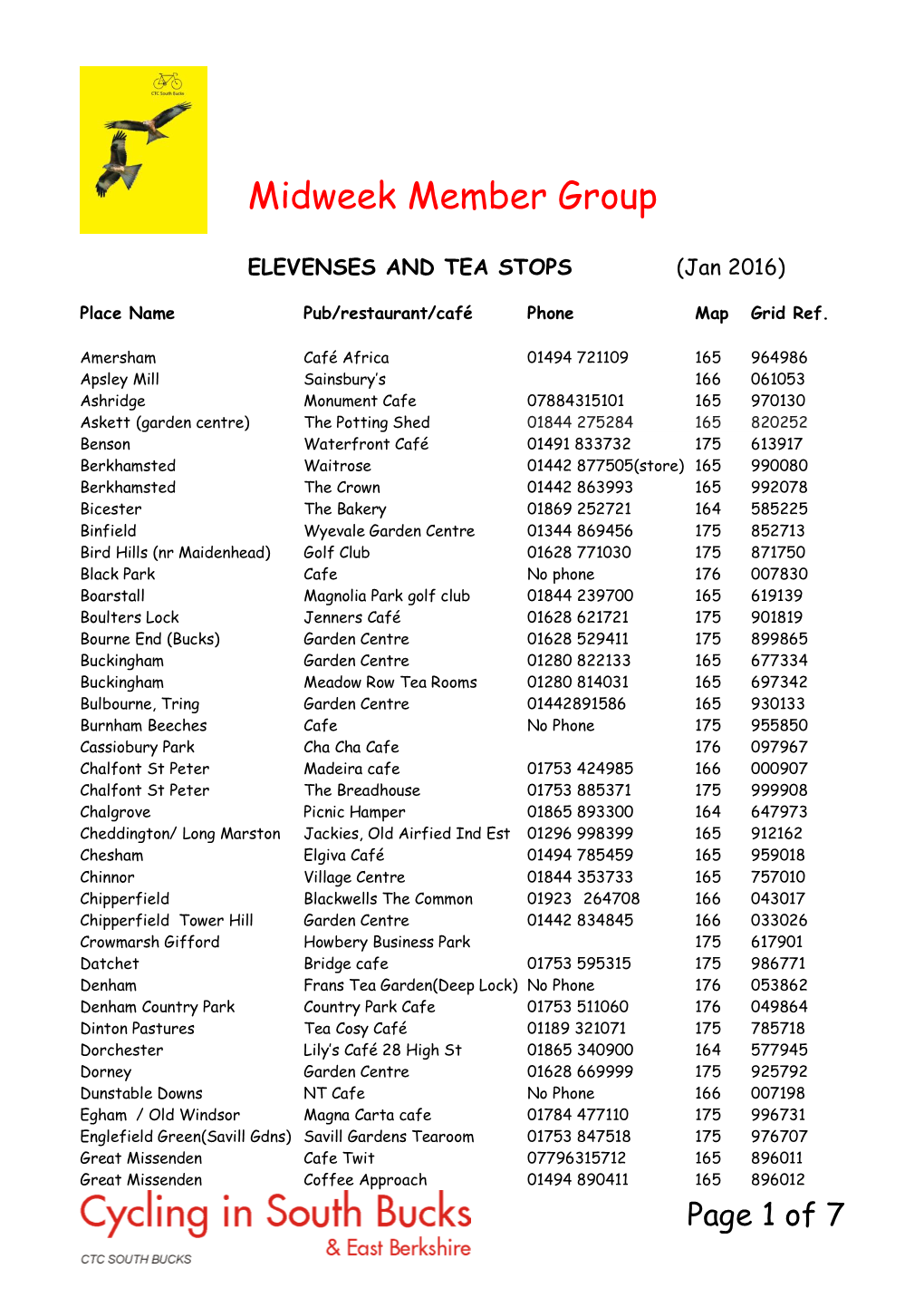 Refreshment Stops List Jan 2016