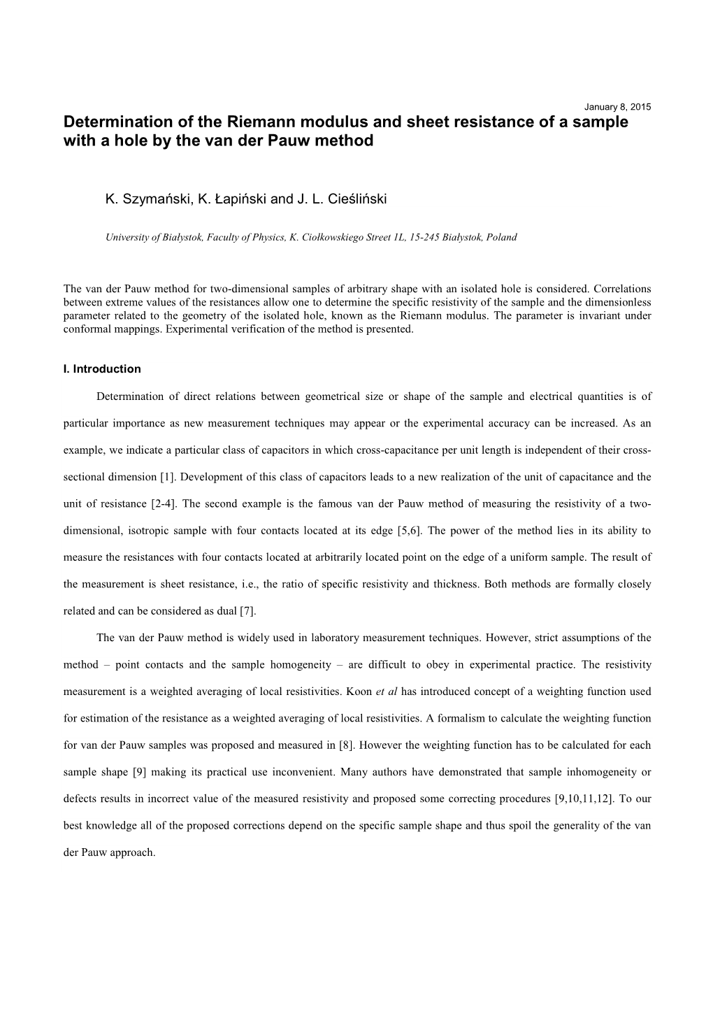 Determination of the Riemann Modulus and Sheet Resistance of a Sample with a Hole by the Van Der Pauw Method