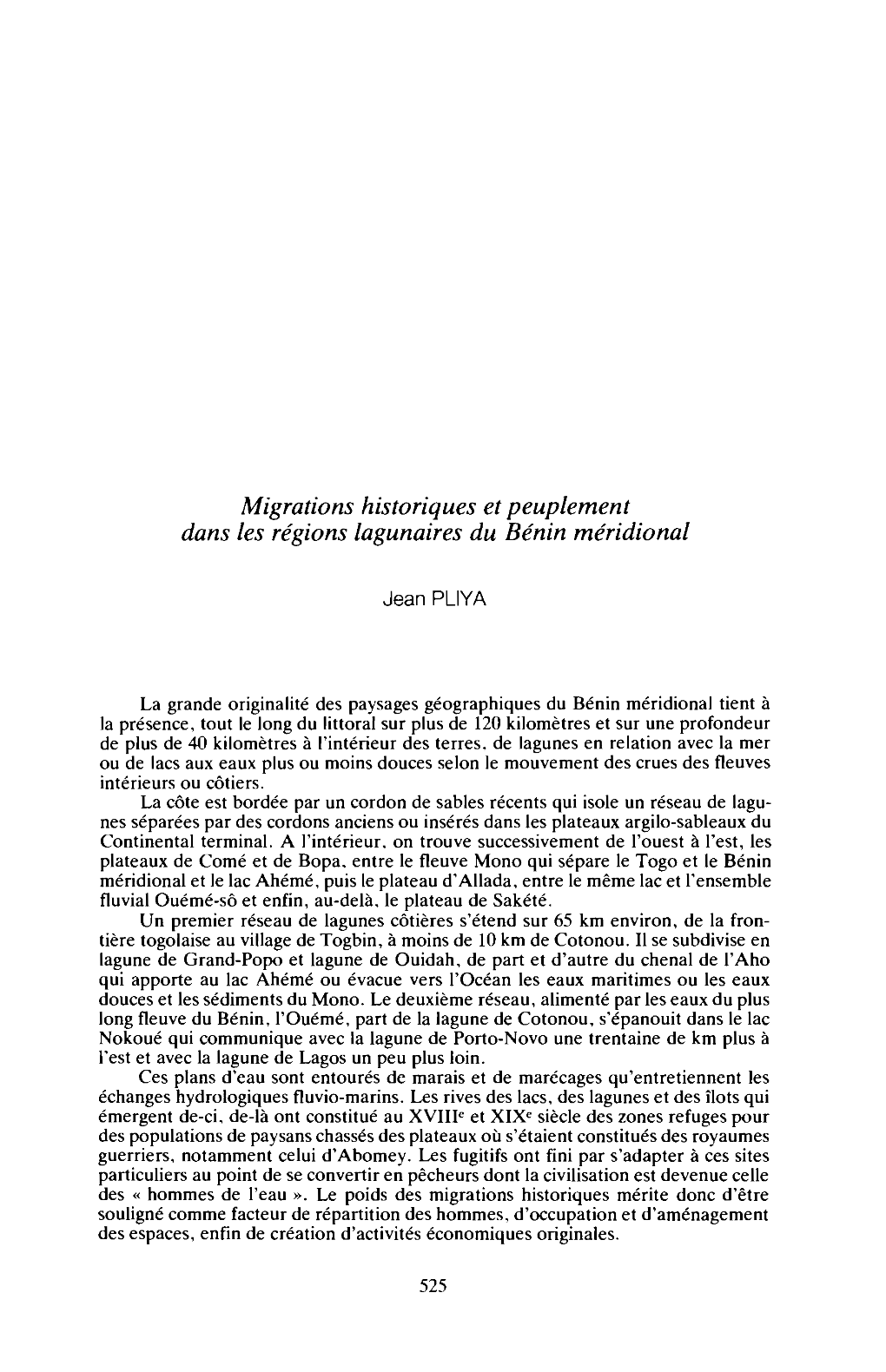 Migrations Historiques Et Peuplement Dans Les Régions Lagunaires Du Bénin Méridional