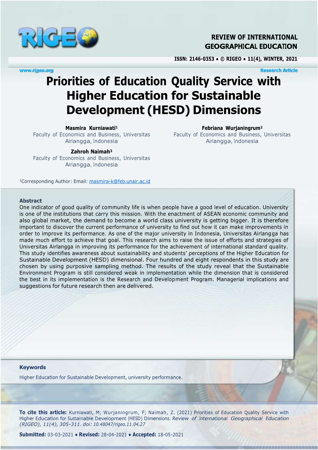 Priorities of Education Quality Service with Higher Education for Sustainable Development (HESD) Dimensions