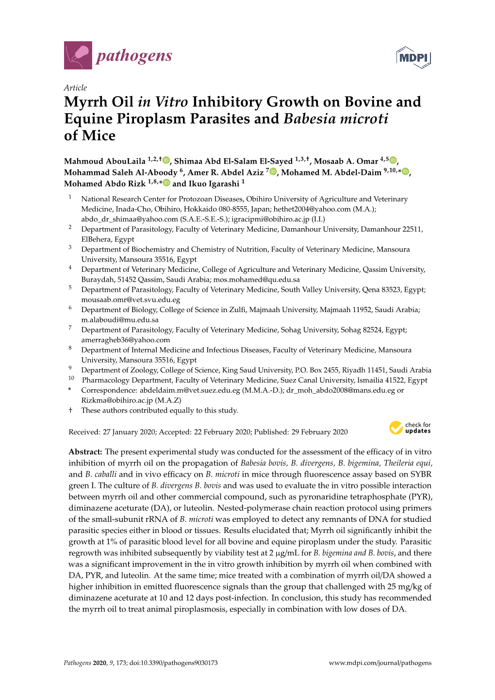 Myrrh Oil in Vitro Inhibitory Growth on Bovine and Equine Piroplasm Parasites and Babesia Microti of Mice