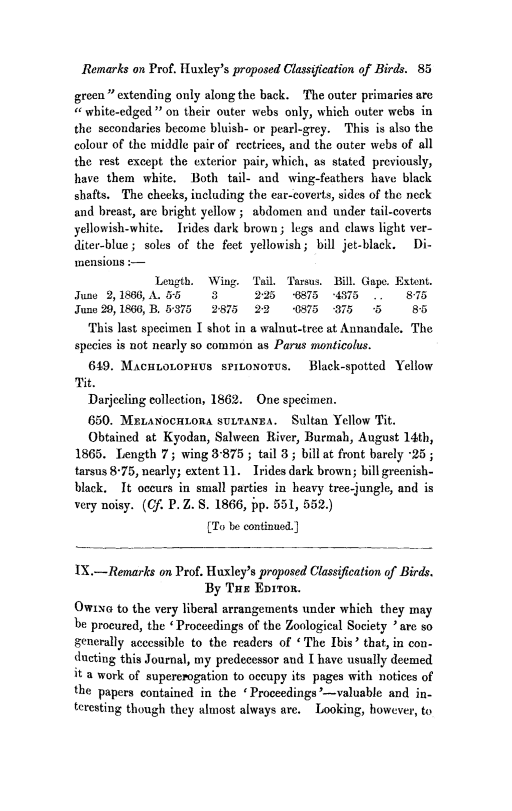 Remarks on Prof. Huxley's Proposed Classification of Birds