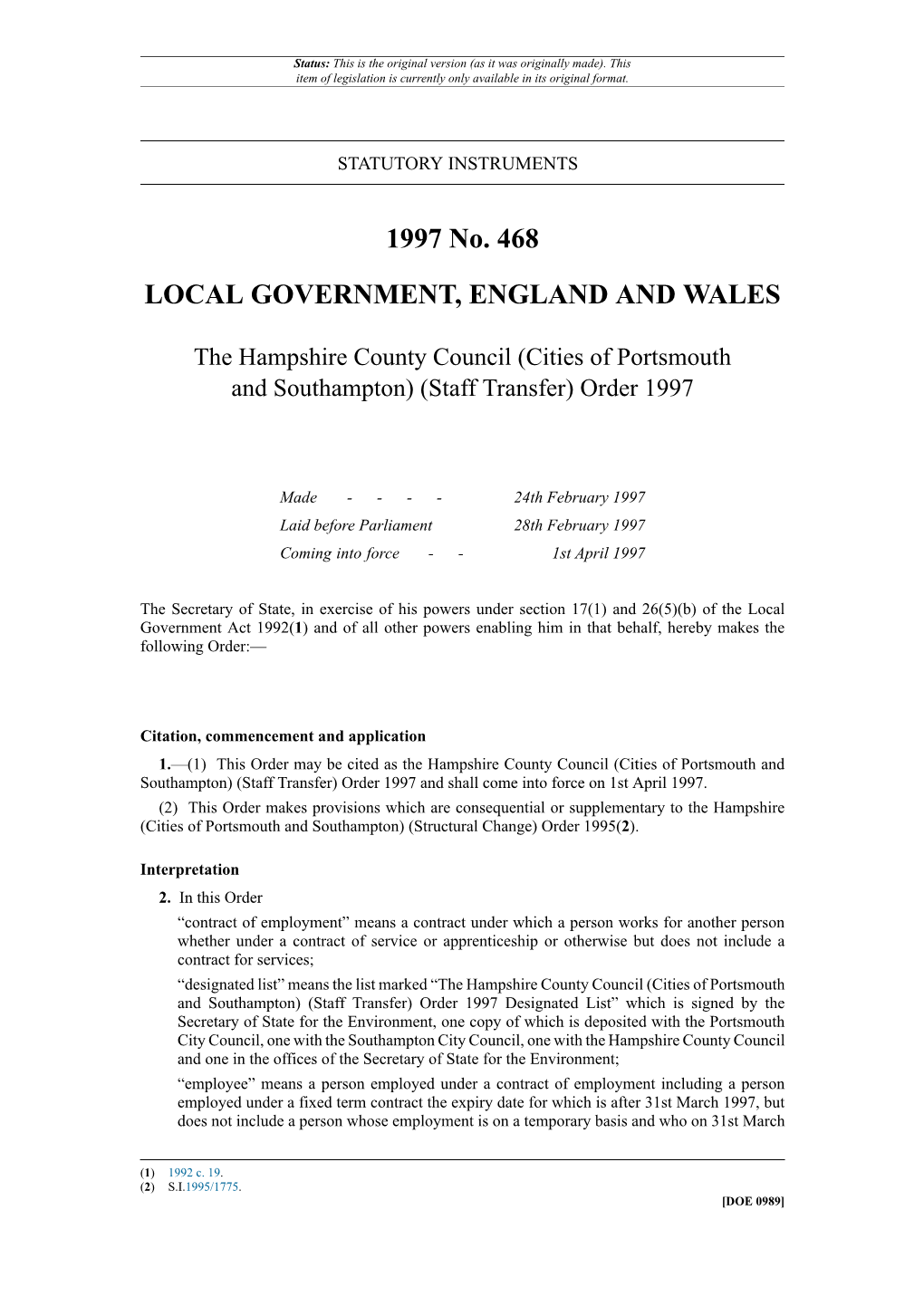 The Hampshire County Council (Cities of Portsmouth and Southampton) (Staff Transfer) Order 1997