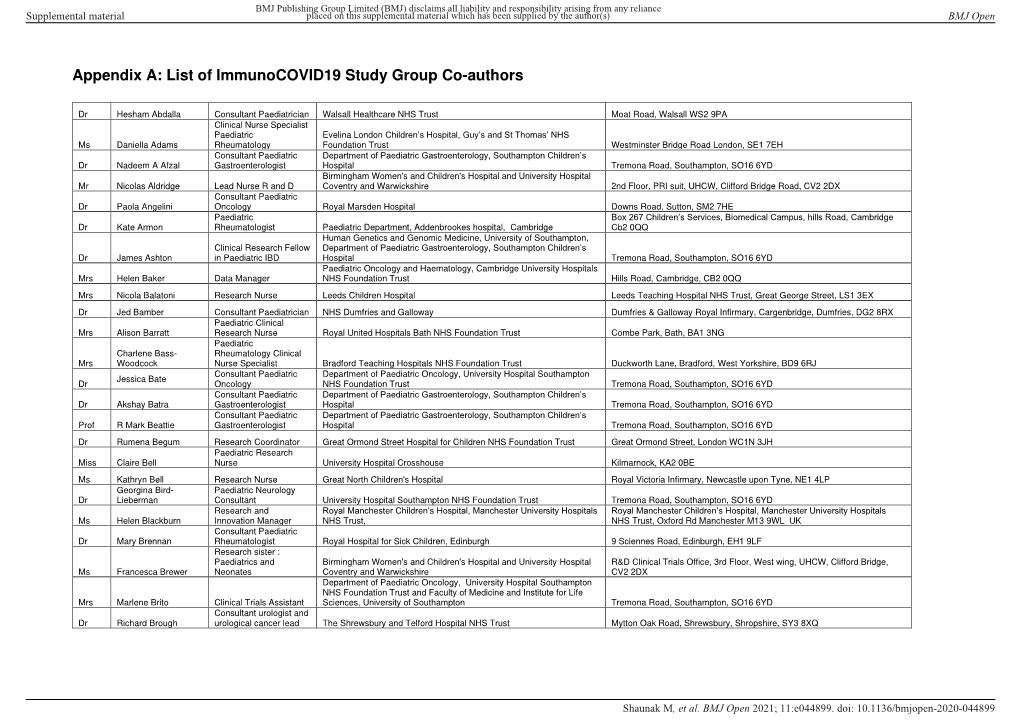 List of Immunocovid19 Study Group Co-Authors