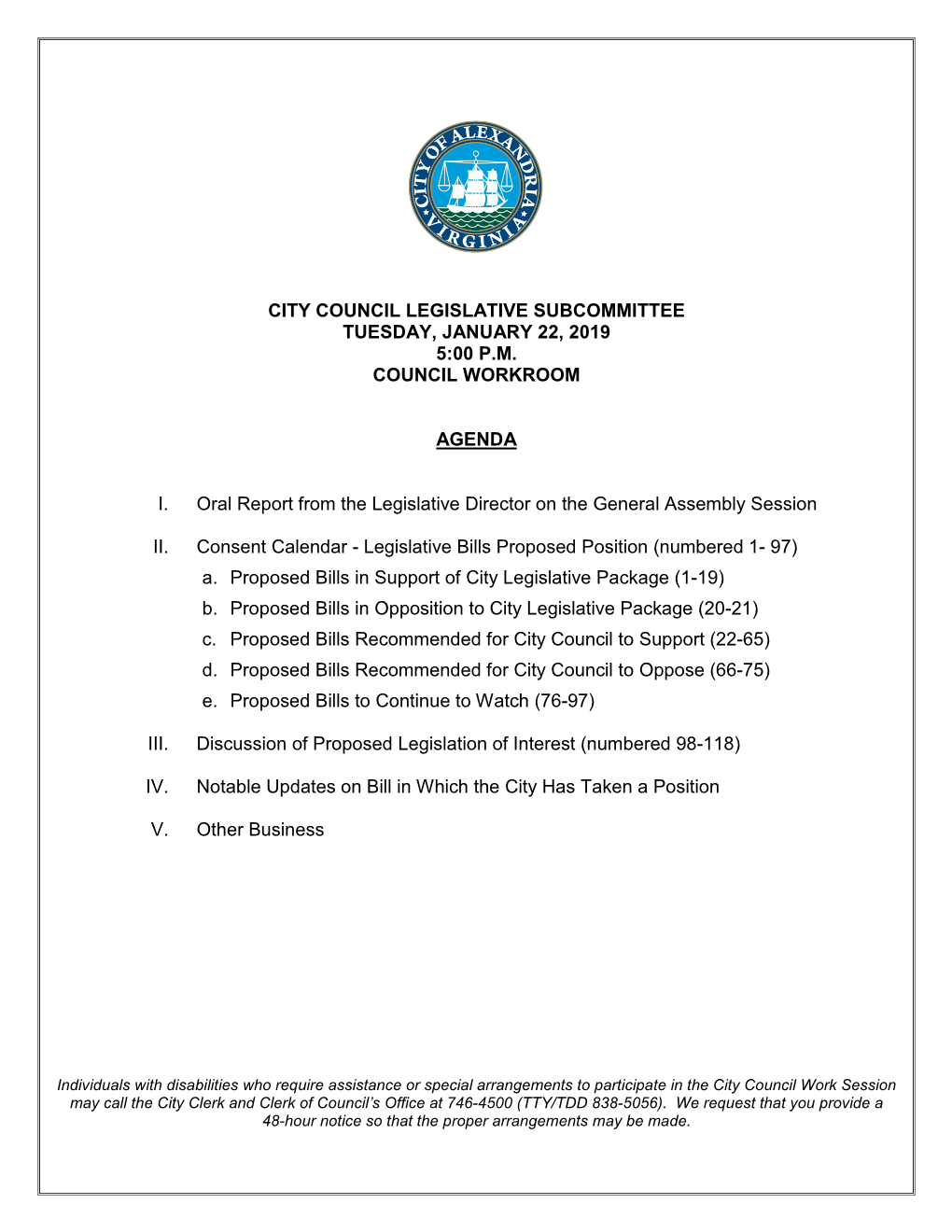 City Council Legislative Subcommittee Tuesday, January 22, 2019 5:00 P.M