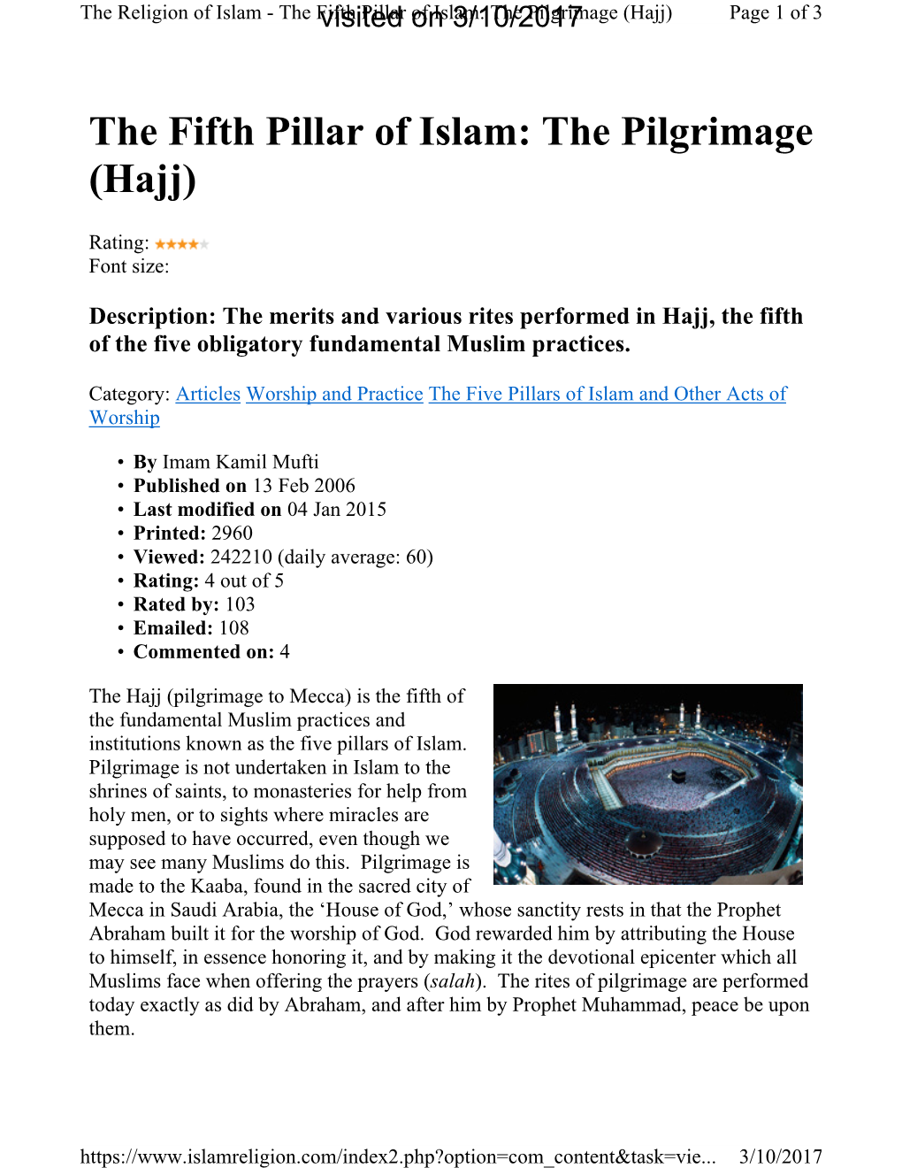 The Fifth Pillar of Islam: the Pilgrimage (Hajj)