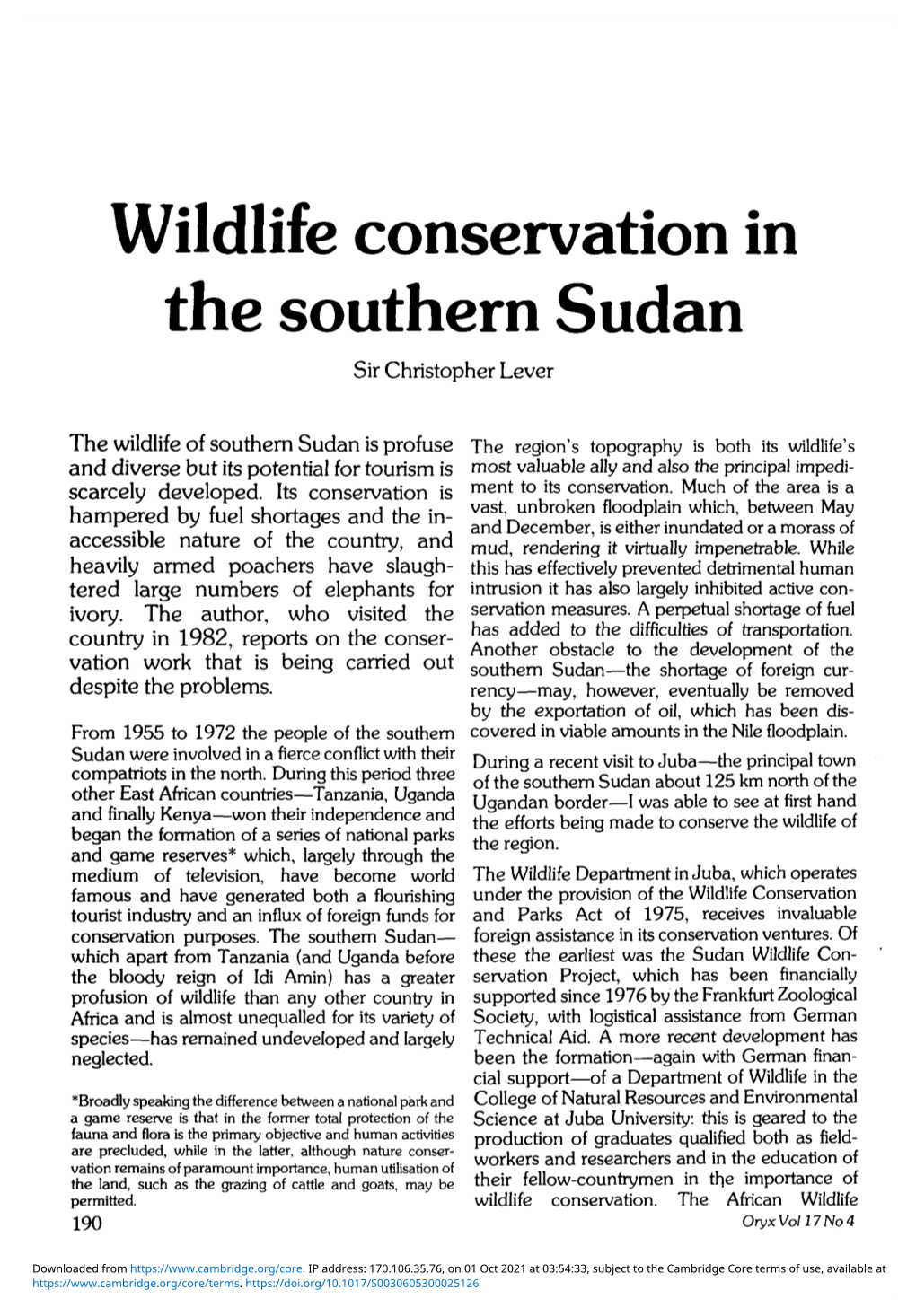 Wildlife Conservation in the Southern Sudan Sir Christopher Lever