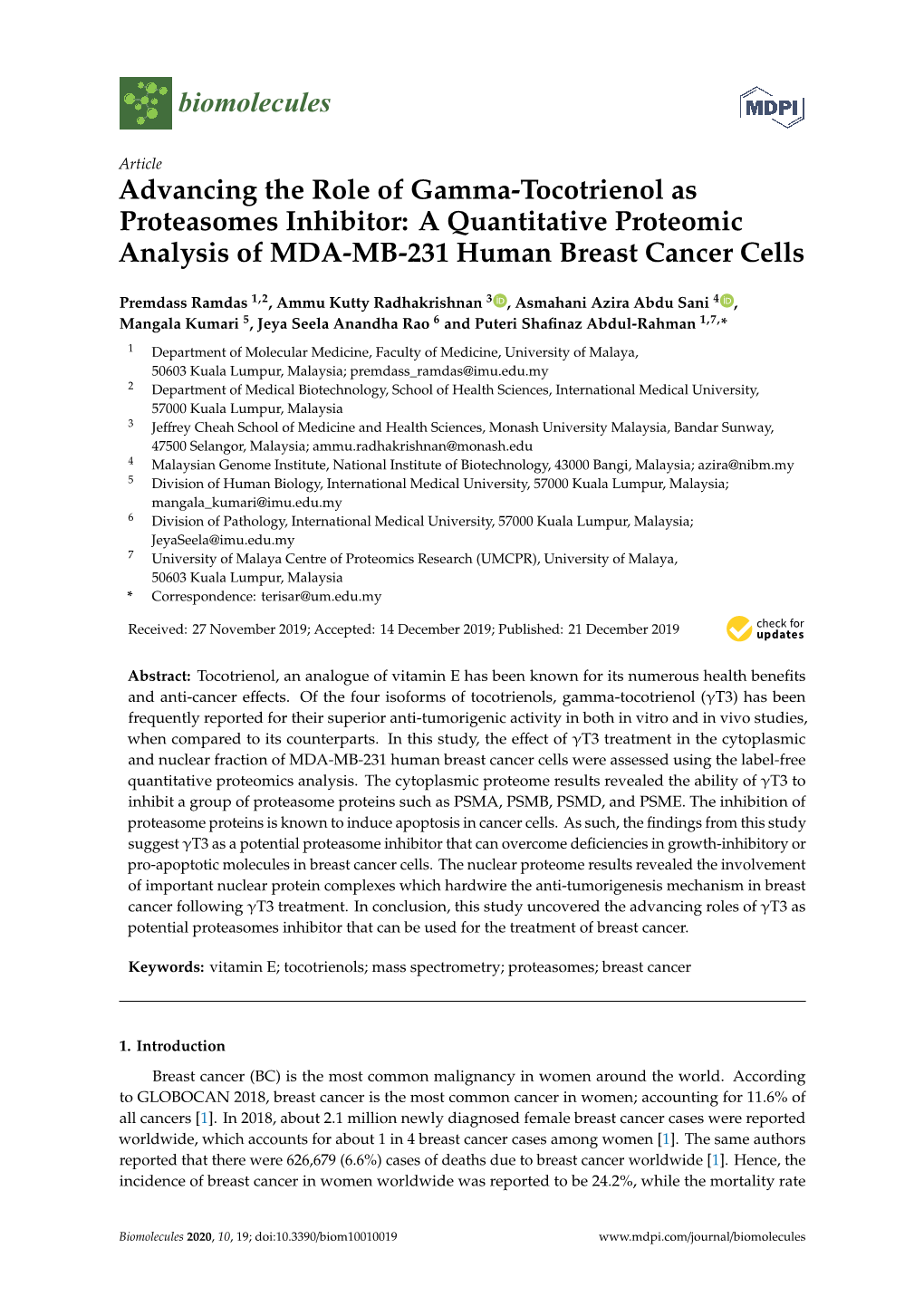 Advancing the Role of Gamma-Tocotrienol As Proteasomes Inhibitor: a Quantitative Proteomic Analysis of MDA-MB-231 Human Breast Cancer Cells