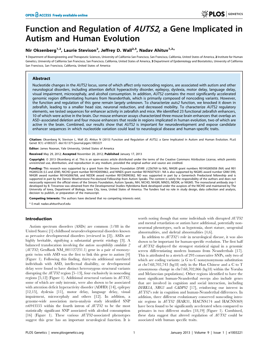 Function and Regulation of AUTS2, a Gene Implicated in Autism and Human Evolution