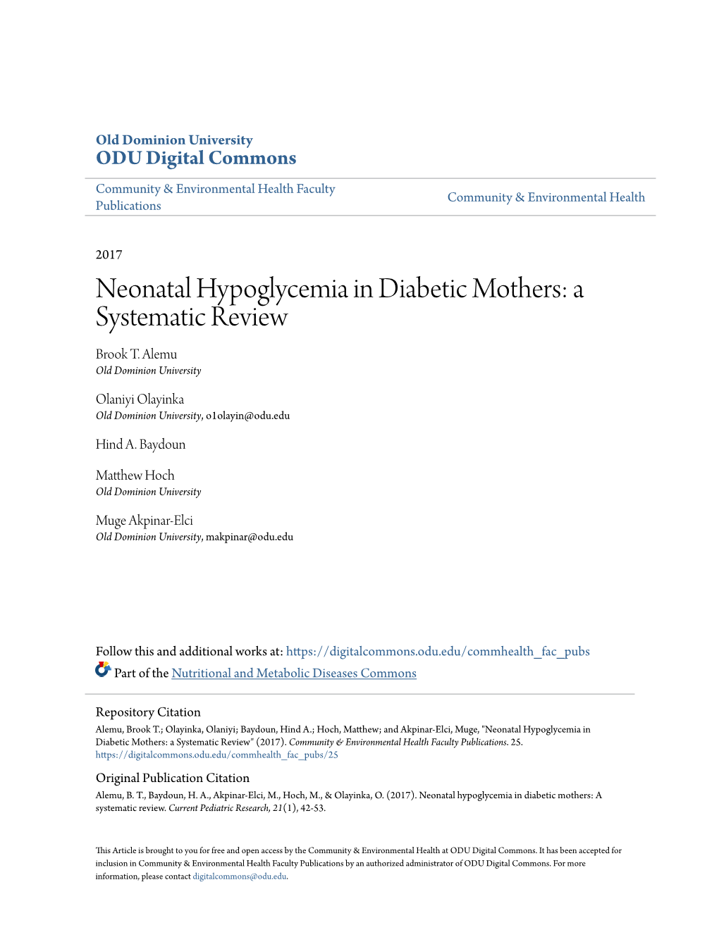Neonatal Hypoglycemia in Diabetic Mothers: a Systematic Review Brook T