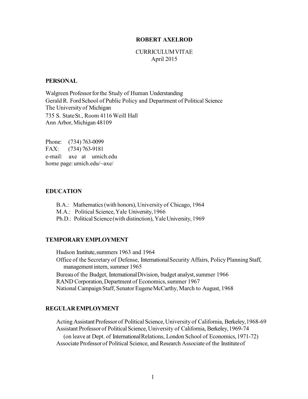 CURRICULUM VITAE April 2015