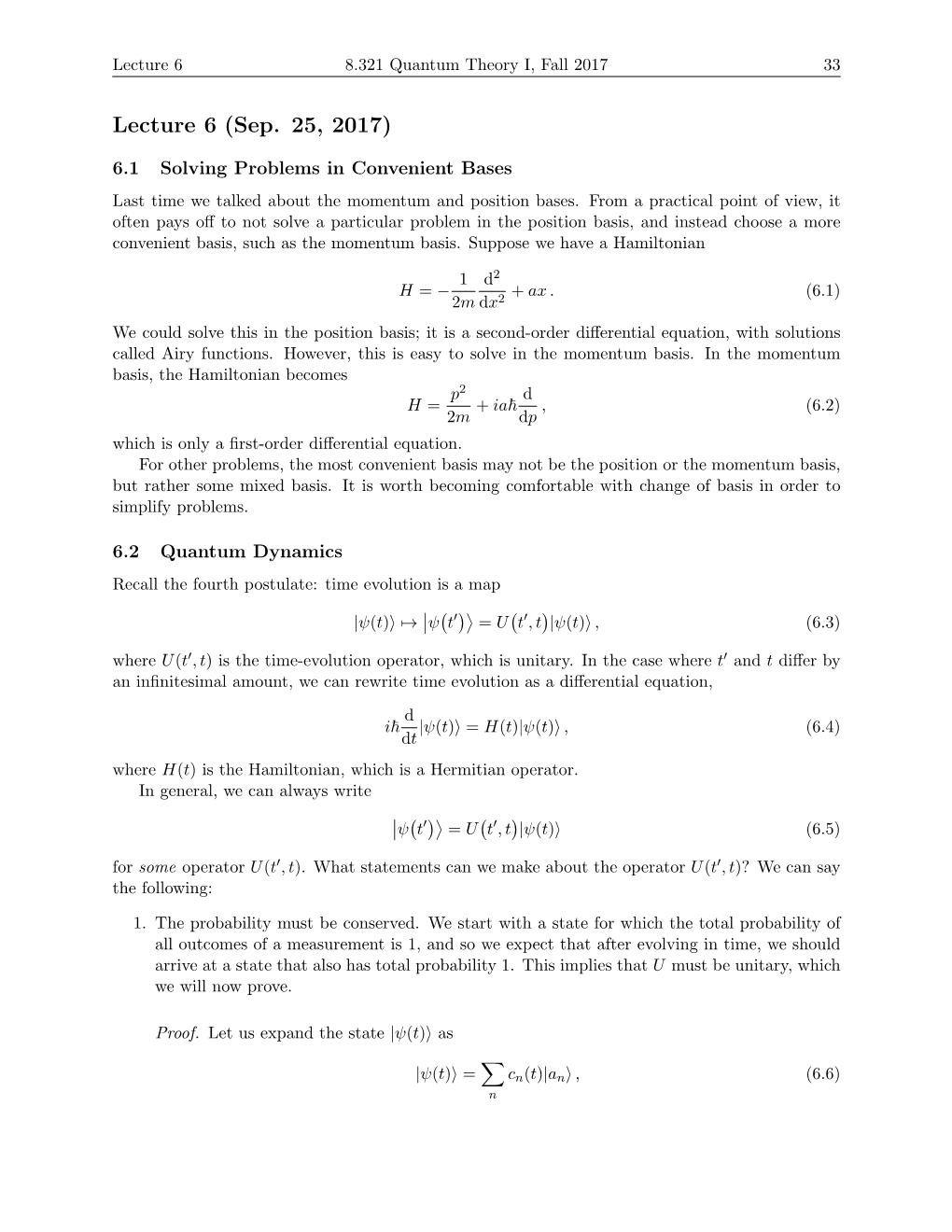 Quantum Theory I, Lecture 6 Notes