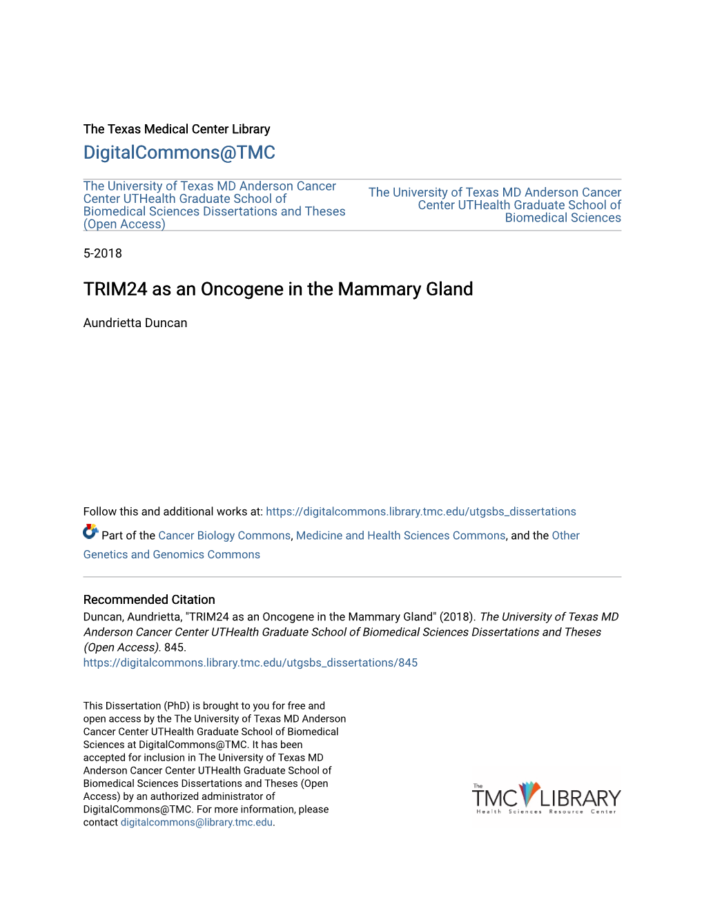 TRIM24 As an Oncogene in the Mammary Gland