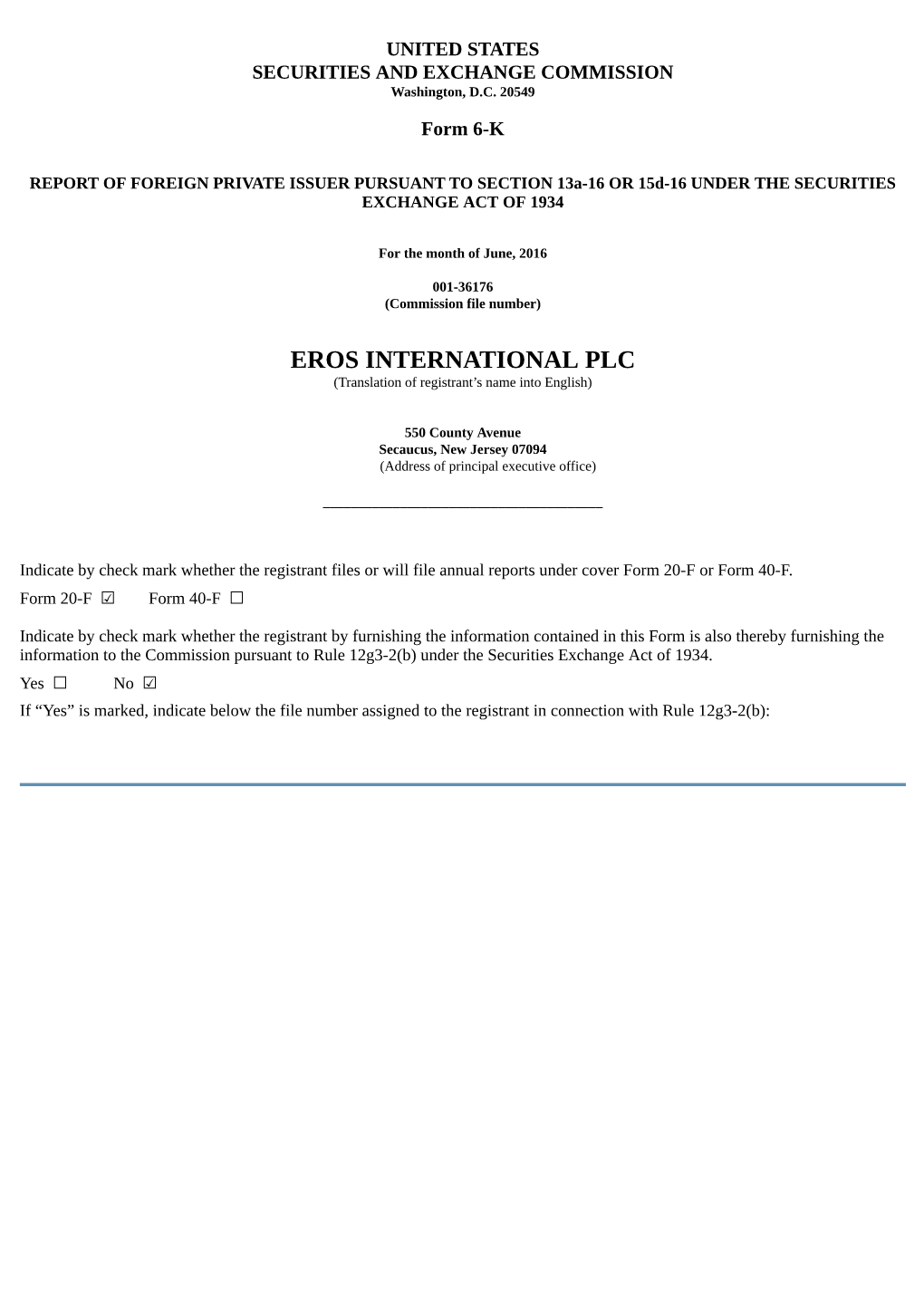 EROS INTERNATIONAL PLC (Translation of Registrant’S Name Into English)