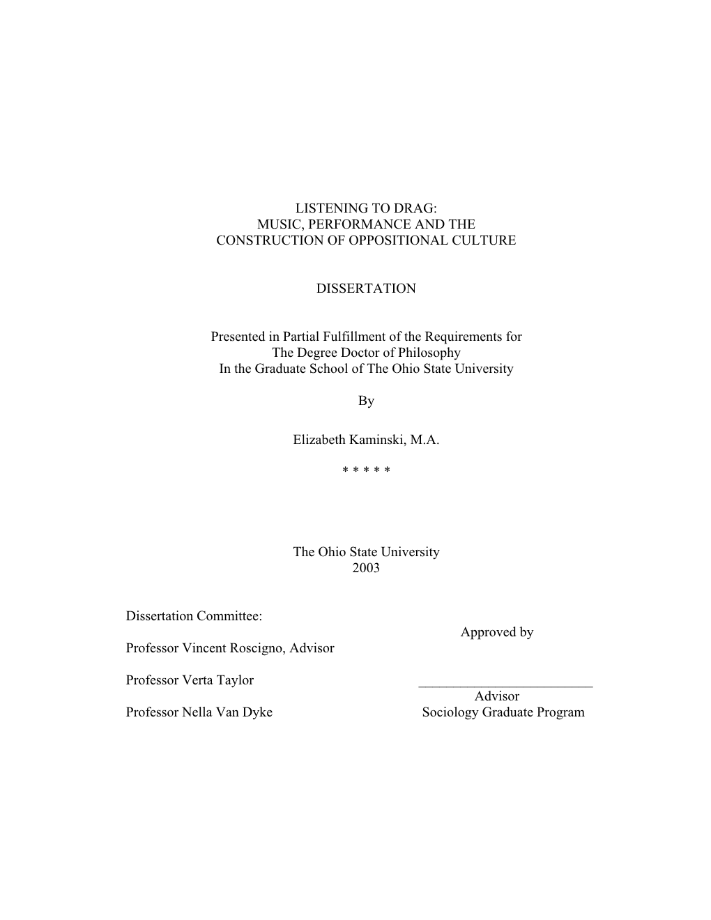 LISTENING to DRAG: MUSIC, PERFORMANCE and the CONSTRUCTION of OPPOSITIONAL CULTURE DISSERTATION Presented in Partial Fulfillmen