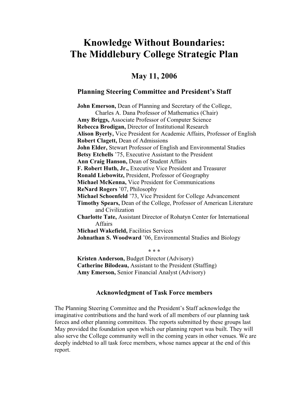 Knowledge Without Boundaries: the Middlebury College Strategic Plan