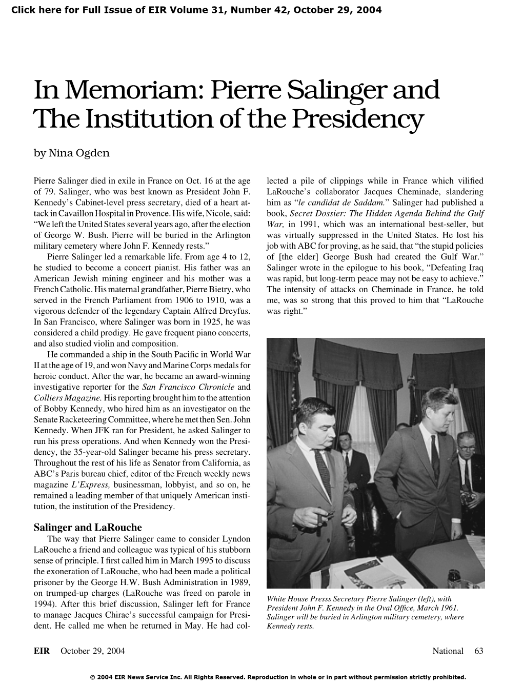 In Memoriam: Pierre Salinger and the Institution of the Presidency