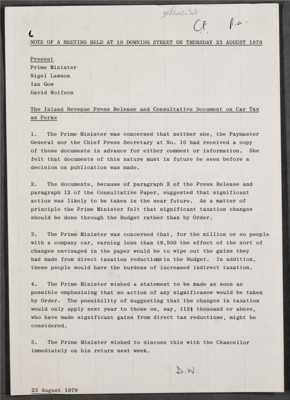 Note of a Meeting Held at 10 Downing Street on Thursday 23 August 1979