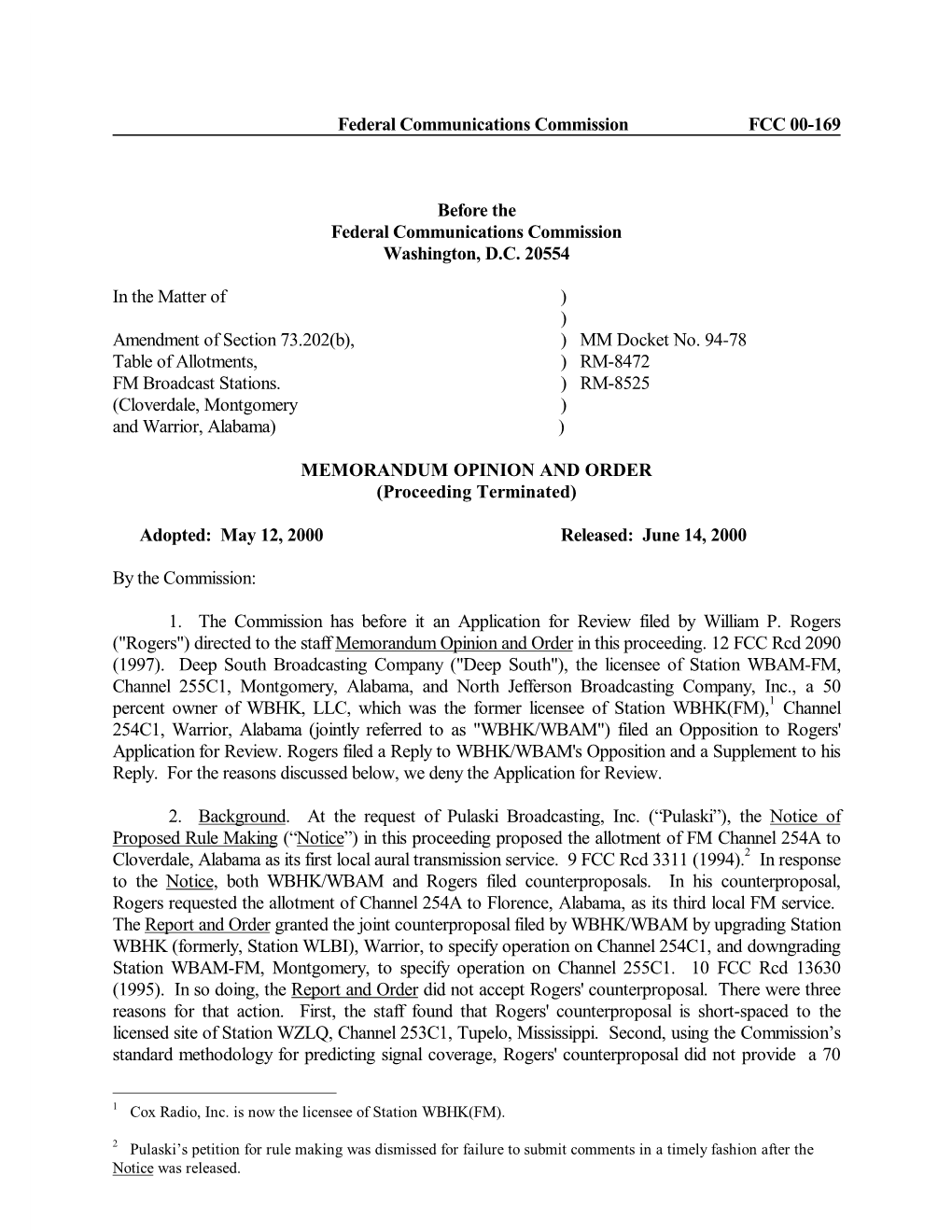 Federal Communications Commission FCC 00-169 Before the Federal