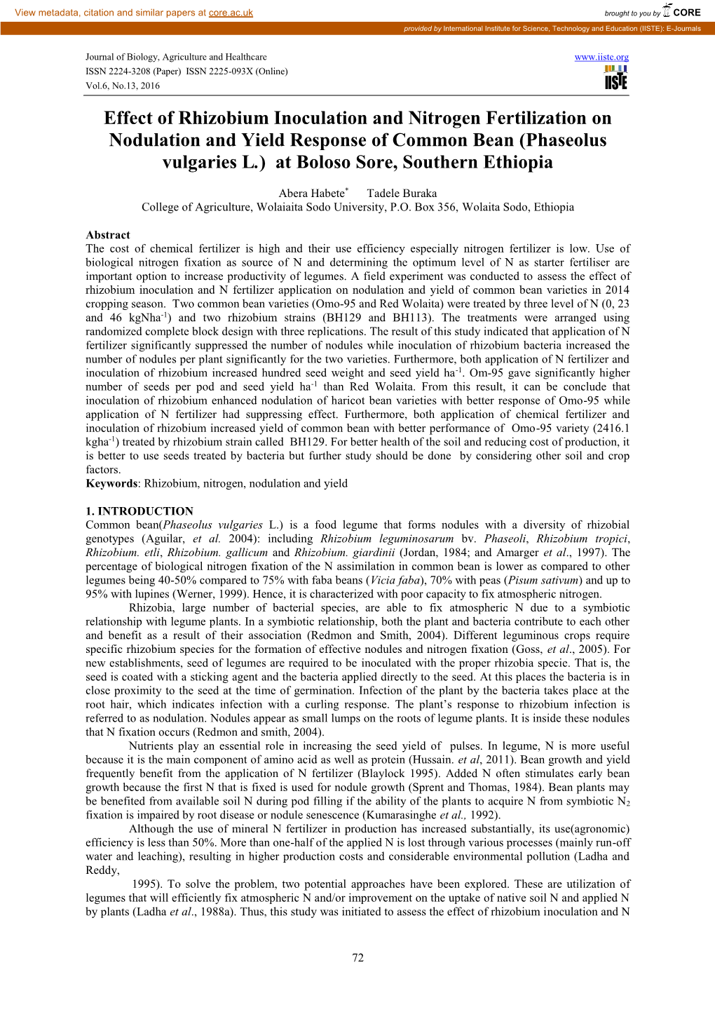 Effect of Rhizobium Inoculation and Nitrogen Fertilization on Nodulation and Yield Response of Common Bean (Phaseolus Vulgaries L.) at Boloso Sore, Southern Ethiopia