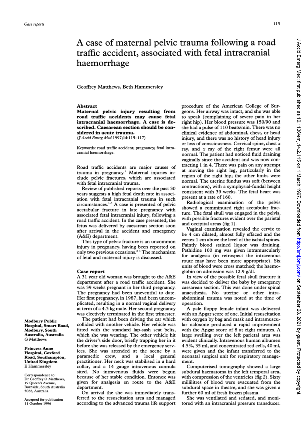 A Case of Maternal Pelvic Trauma Following a Road Traffic Accident, Associated with Fetal Intracranial Haemorrhage