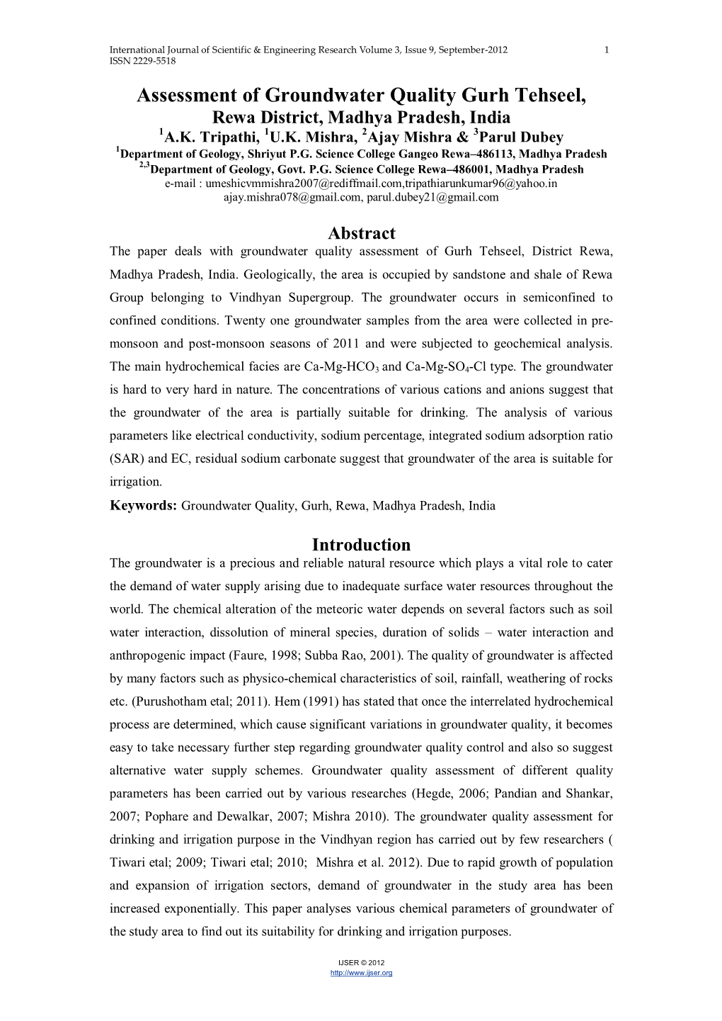 Assessment of Groundwater Quality Gurh Tehseel, Rewa District, Madhya Pradesh, India 1A.K