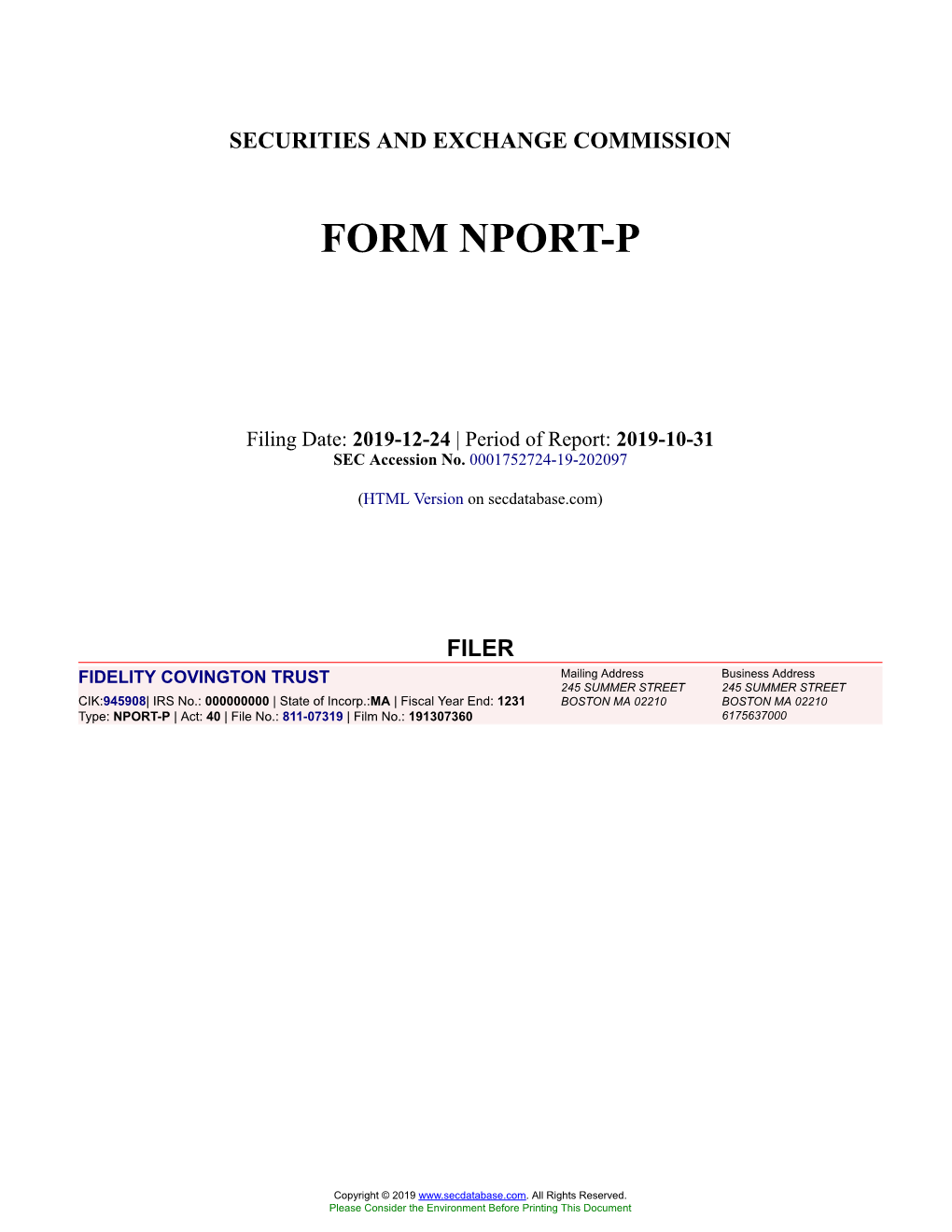 FIDELITY COVINGTON TRUST Form NPORT-P Filed 2019-12-24