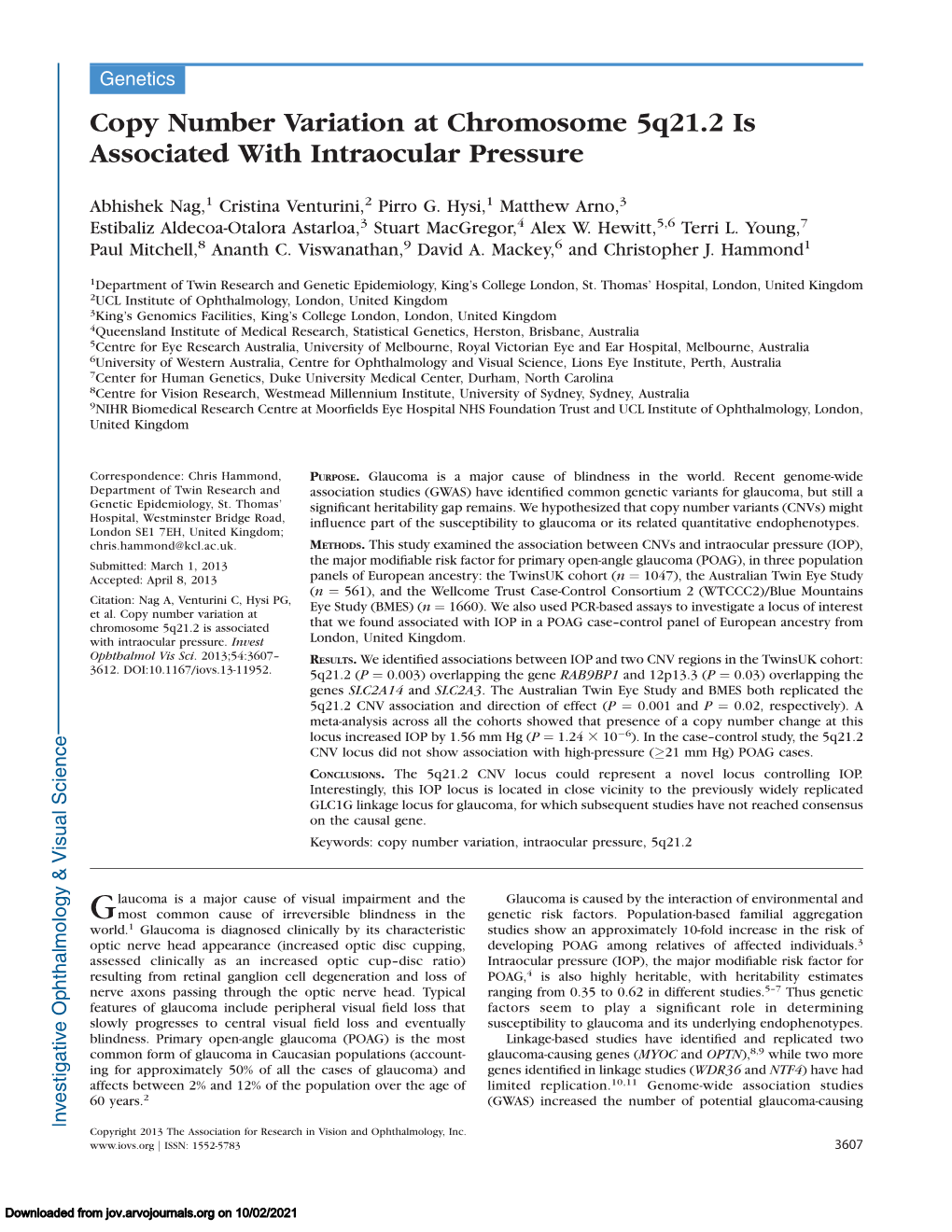 Copy Number Variation at Chromosome 5Q21.2 Is Associated with Intraocular Pressure