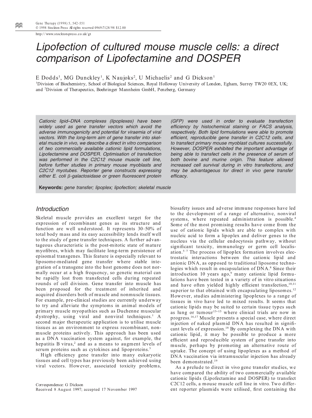 Lipofection of Cultured Mouse Muscle Cells: a Direct Comparison of Lipofectamine and DOSPER