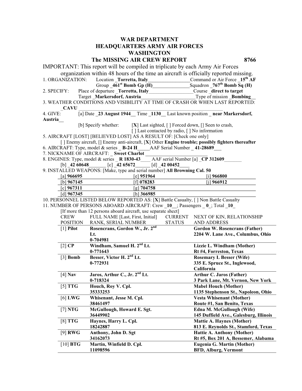 Missing Air Crew Report