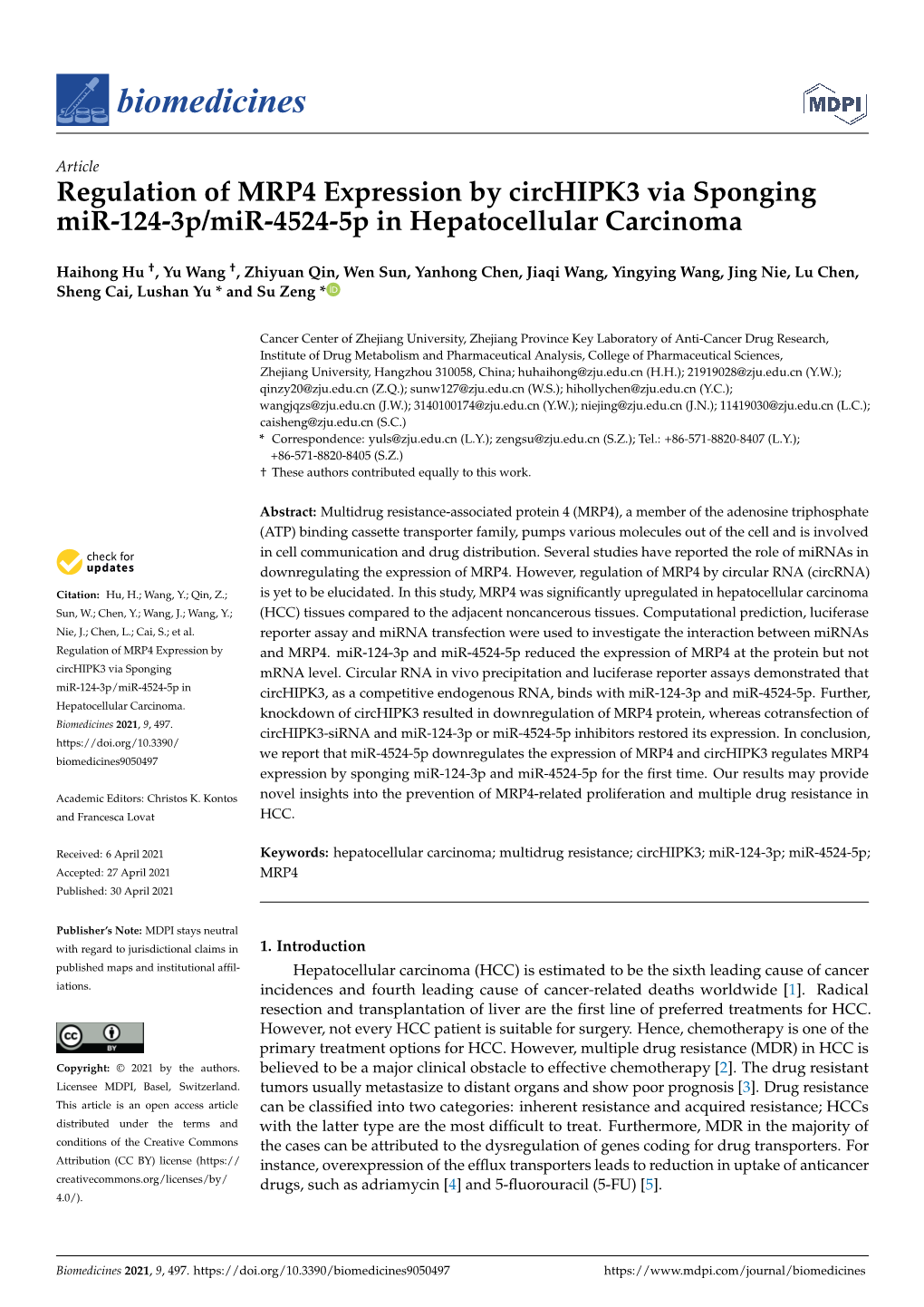 Regulation of MRP4 Expression by Circhipk3 Via Sponging Mir-124-3P/Mir-4524-5P in Hepatocellular Carcinoma