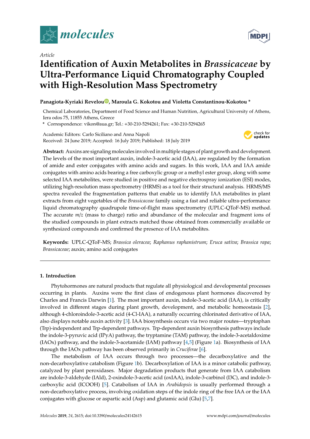 Identification of Auxin Metabolites in Brassicaceae by Ultra-Performance