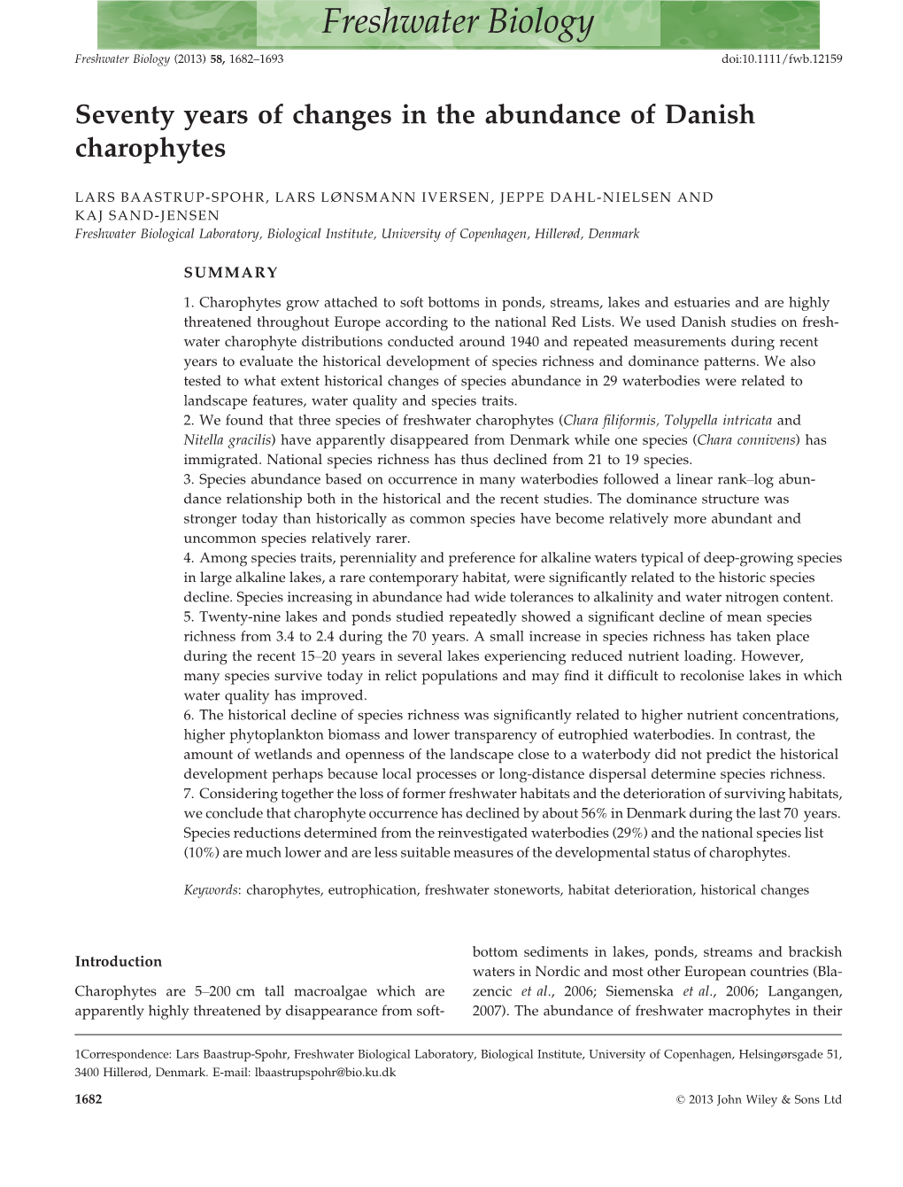 Seventy Years of Changes in the Abundance of Danish Charophytes